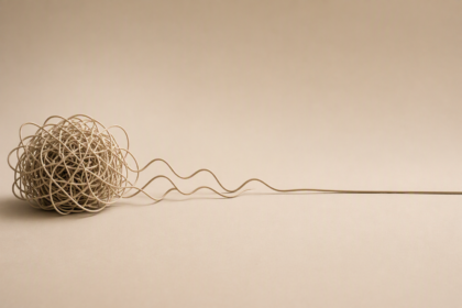 A tangled ball of wire unwinds into a single straight line against a minimalist beige background.